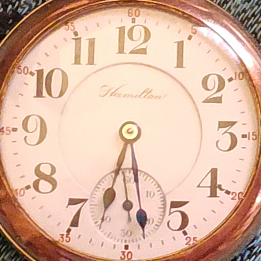 Hamilton Gold Case Pocket Watch with White Dial and Black Numerals